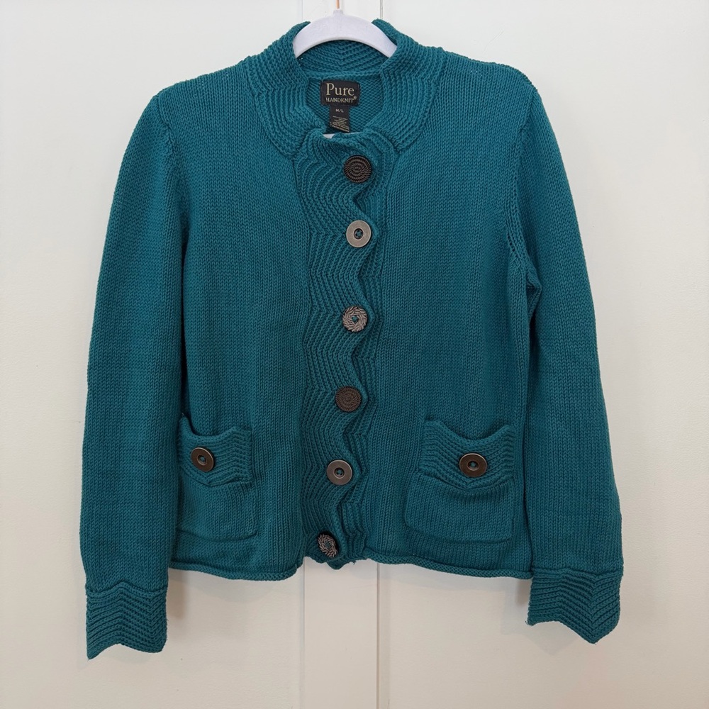 Pure Handknit Cardigan Sweater Teal Blue Wood Buttons Lagenlook Artsy Boho‎ M/L